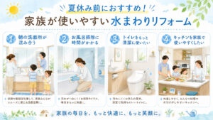 【鹿児島 リフォーム】夏休み前におすすめ！家族が使いやすい水まわりリフォーム｜鹿児島市・姶良市・伊集院で快適な住まいへ【リフォーム・リノベーション・外壁塗装・屋根塗装・エクステリア・ガーデン】